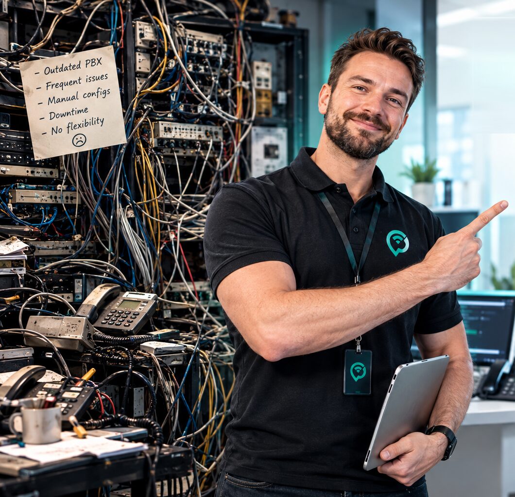 A telecom engineer smiles and points away from a tangle of legacy PBX cables and desk phones toward the cloud